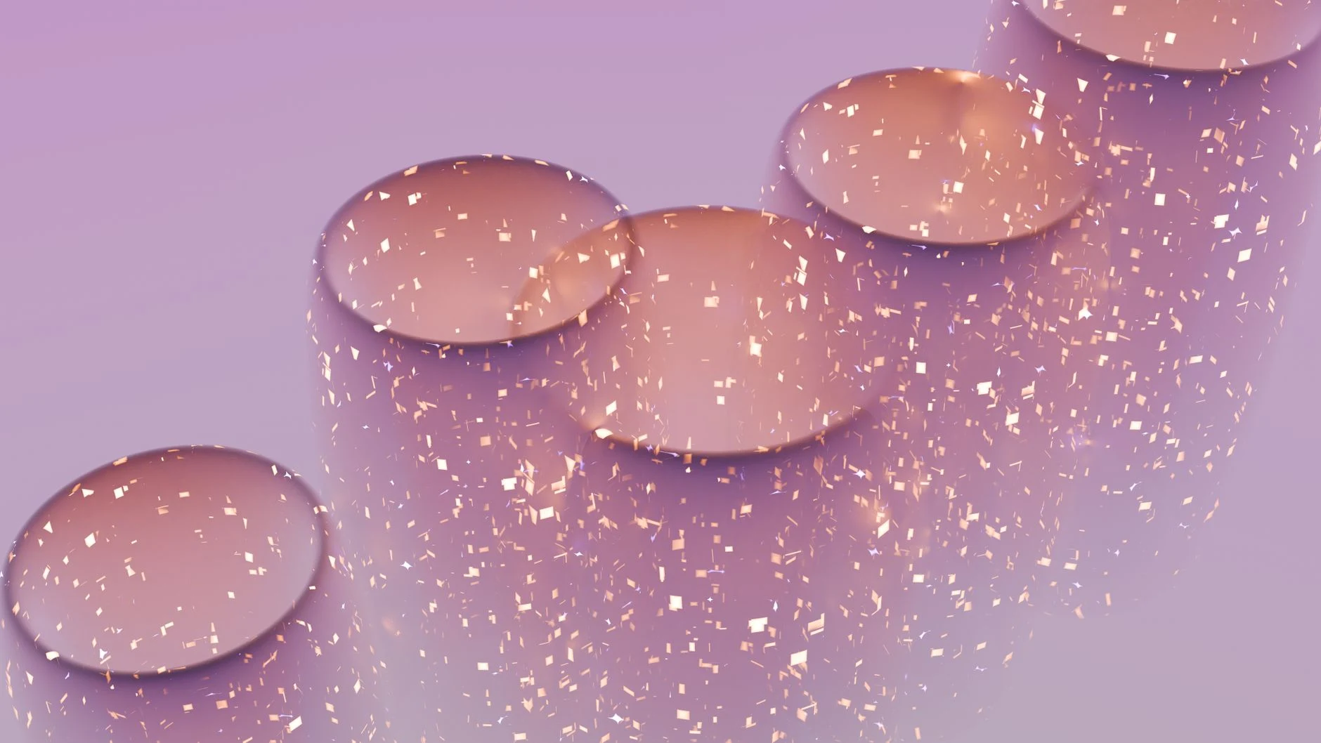 A 3D render of abstract cylindrical shapes with floating particles on a soft purple background.