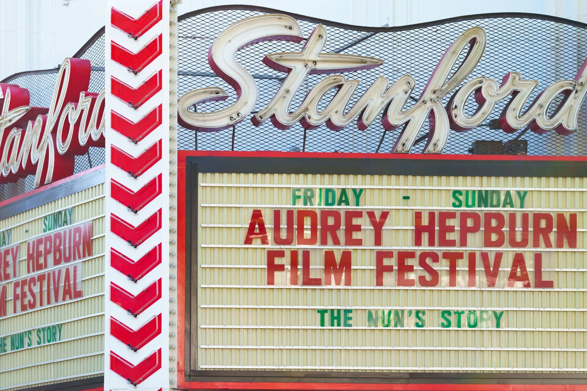 Stanford Theatre sign promoting Audrey Hepburn Film Festival in Palo Alto, California.