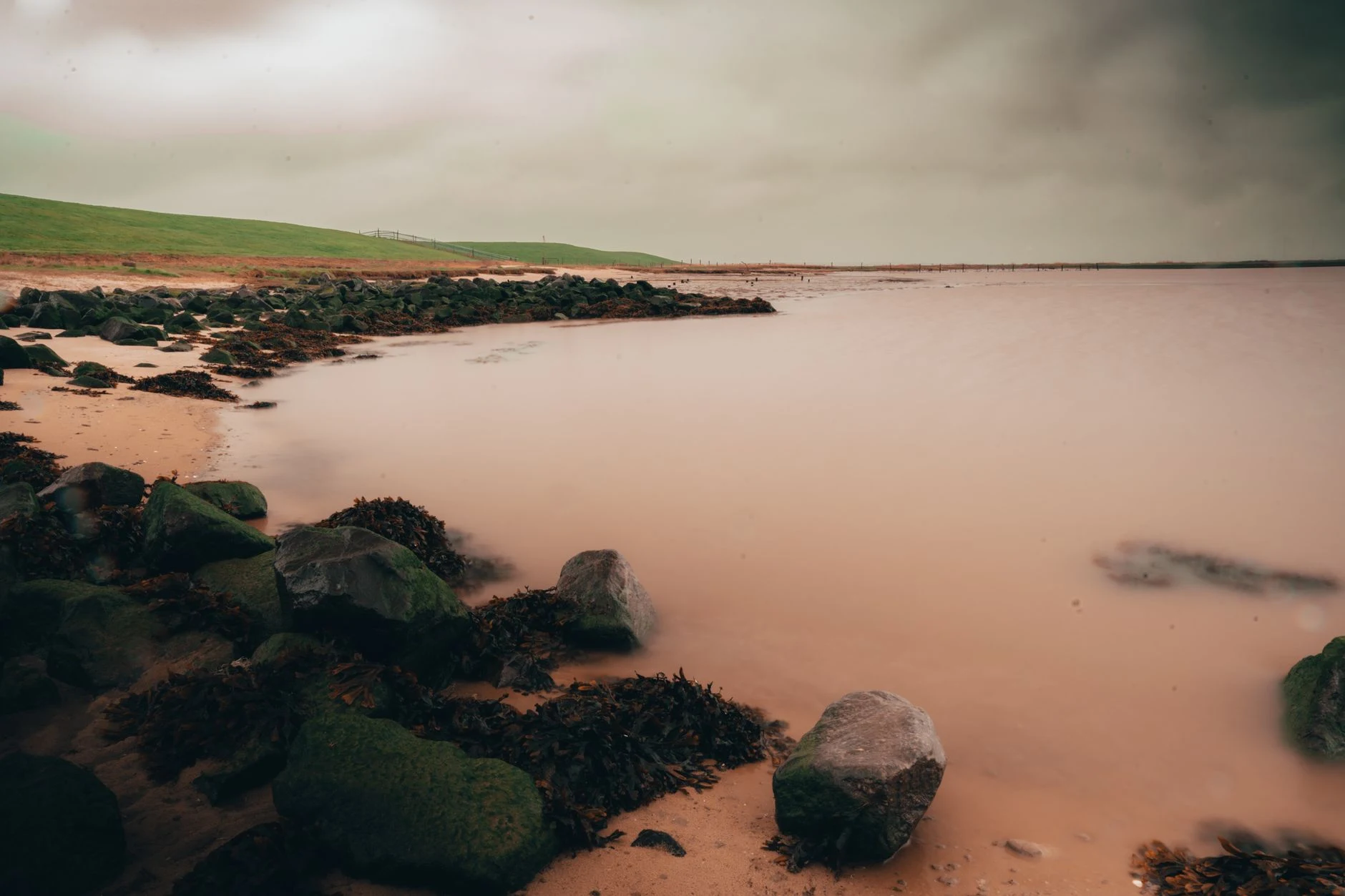 Peaceful coastal scene featuring mossy rocks, calm water, and a moody sky, perfect for nature lovers.
