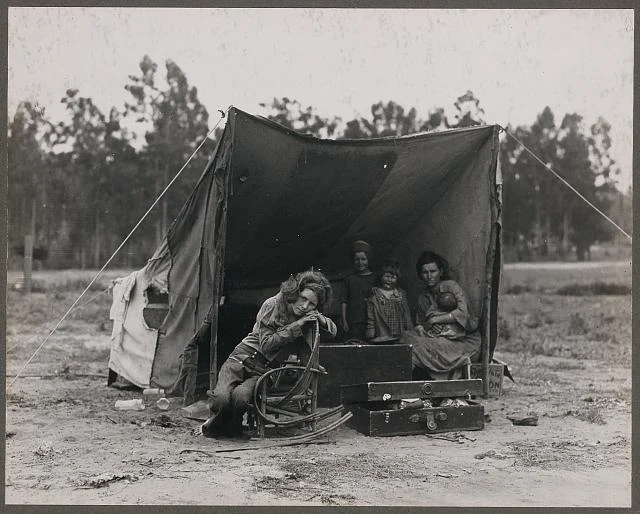 Migrant agricultural worker's family. Seven hungry children. Mother aged thirty-two. Father is native Californian. Nipomo, California