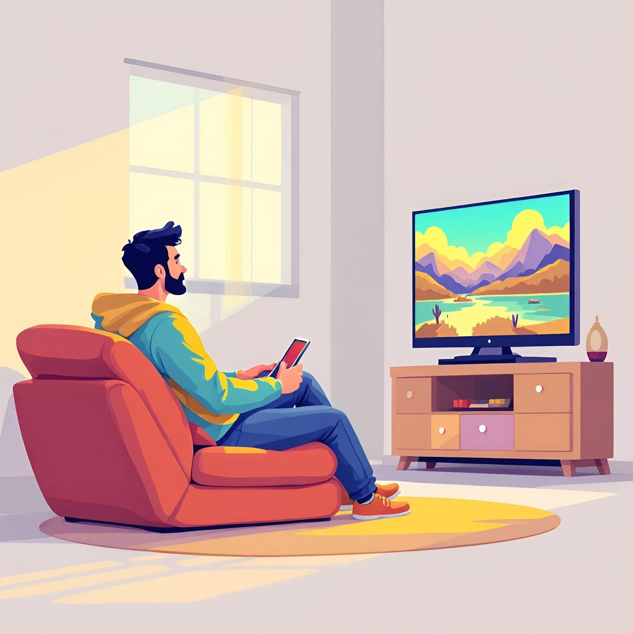 watching tv, entertainment, screen, relaxation, sofa, remote control, program, movie, series, couch, leisure, television, channel, living room, show, streaming, ai generated, broadcast, news