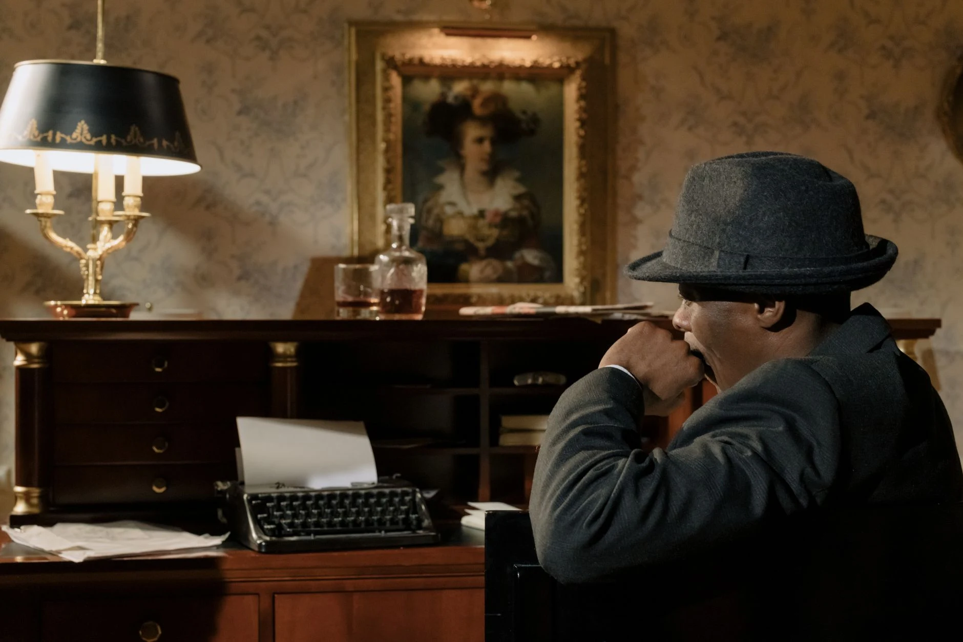 Cinematic portrayal of a detective in a vintage office, creating a mysterious and retro ambiance.