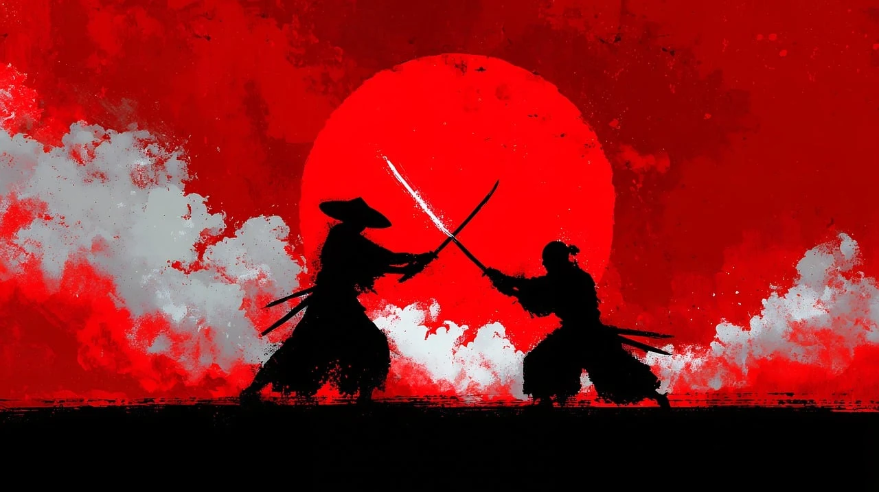 samurai, katana, duel, silhouette, nature, warrior, japanese, sword, fight, battle, martial, traditional, epic, dramatic, red, sun, oriental, combat, action, ancient, asian, culture, east, ai generated