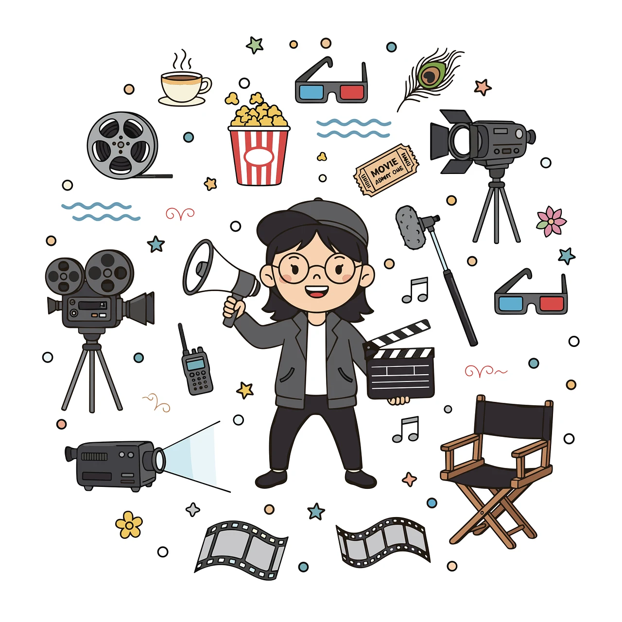 ai generated, cinema, filmmaking, movie, director, film production, clapperboard, camera, video camera, 3d glasses, popcorn, film reel, megaphone, movie ticket, soundtrack, cinematography, movie night, filmmaker, filming, film equipment