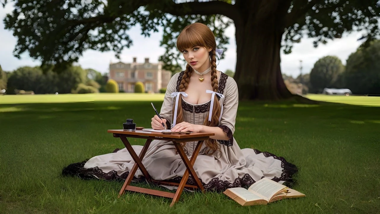 emily, brontë, writing, outdoors, nineteenth century, england, landscape, author, wuthering heights, moor, britain, historic, ai generated